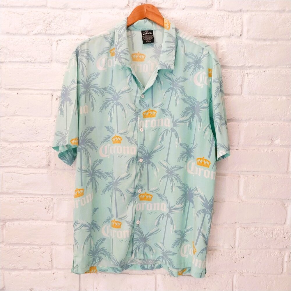 Corona Beer Hawaiian Shirt Mens L 42 44 Green Aloha Tropical Fun Short Sleeve